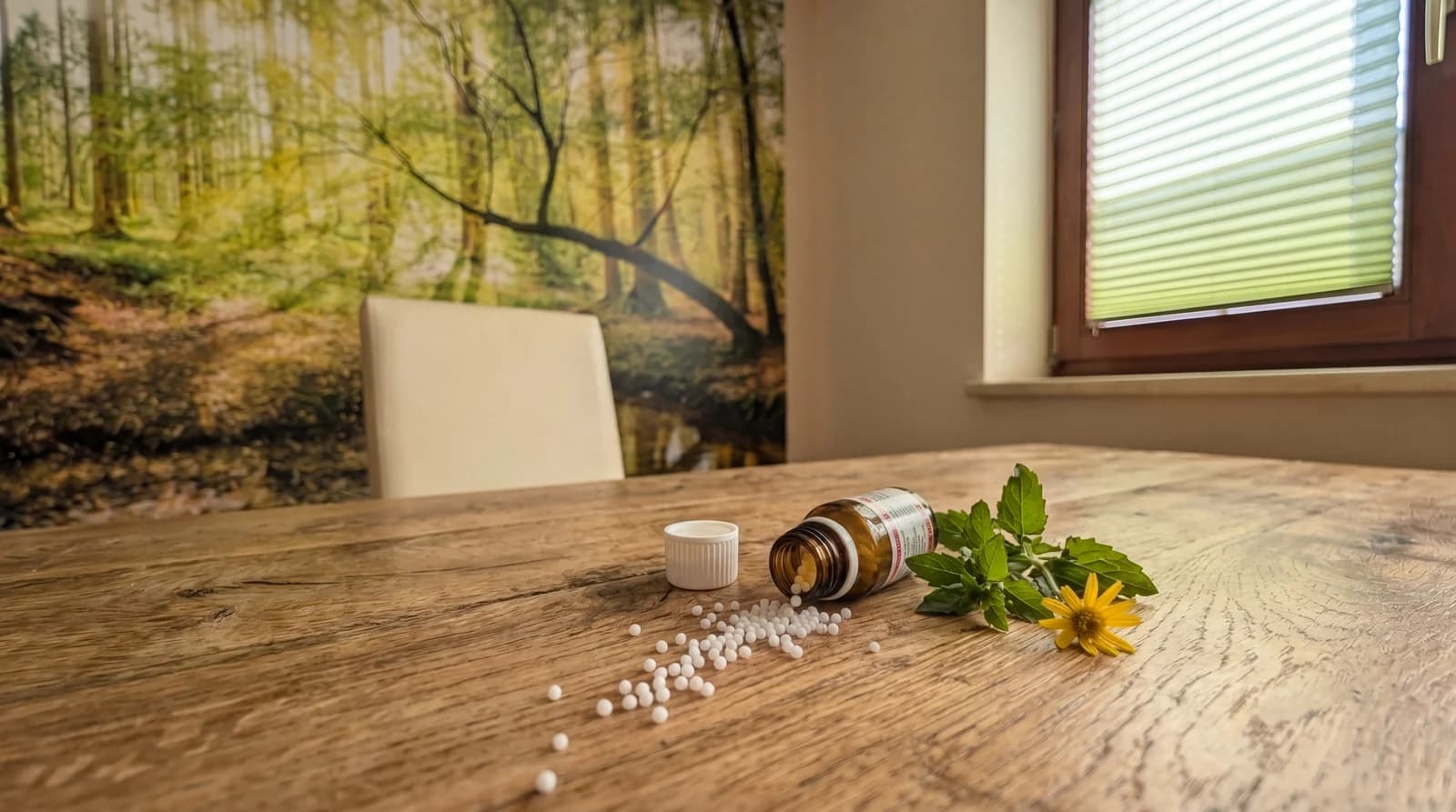 Umgekipptes Globuli-Fläschchen, aus dem weiße Kügelchen auf den Tisch gelaufen sind, daneben ein Zweig mit gelber Blüte